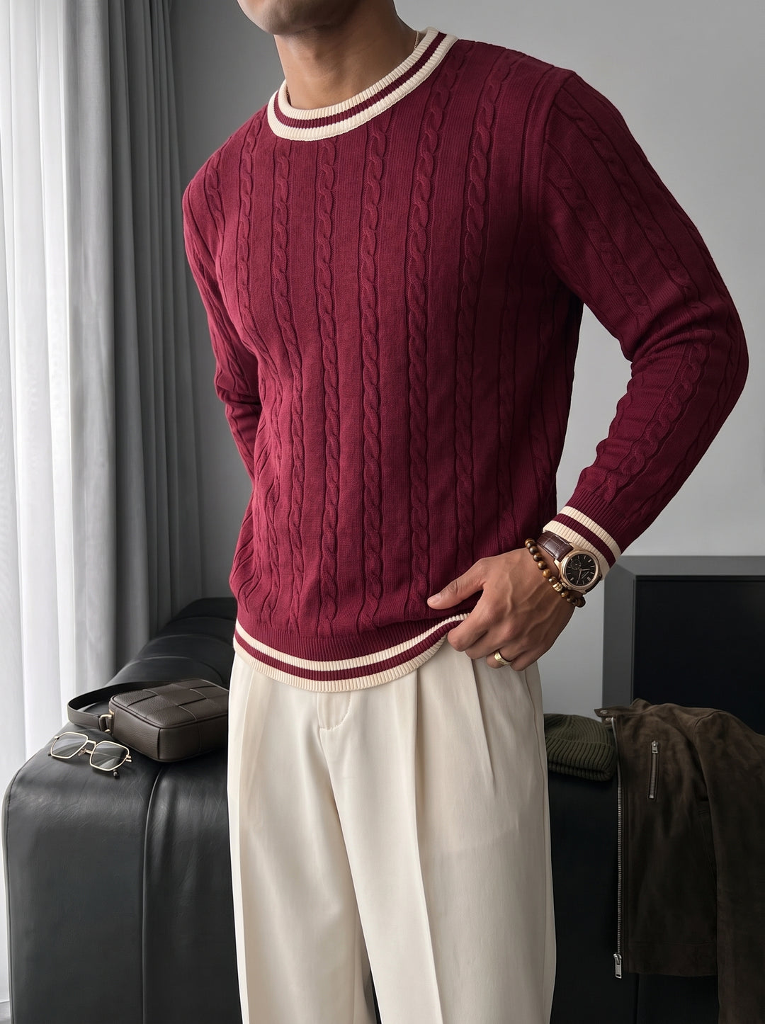 Regular Fit Braid Knit Sweater - Port Royale