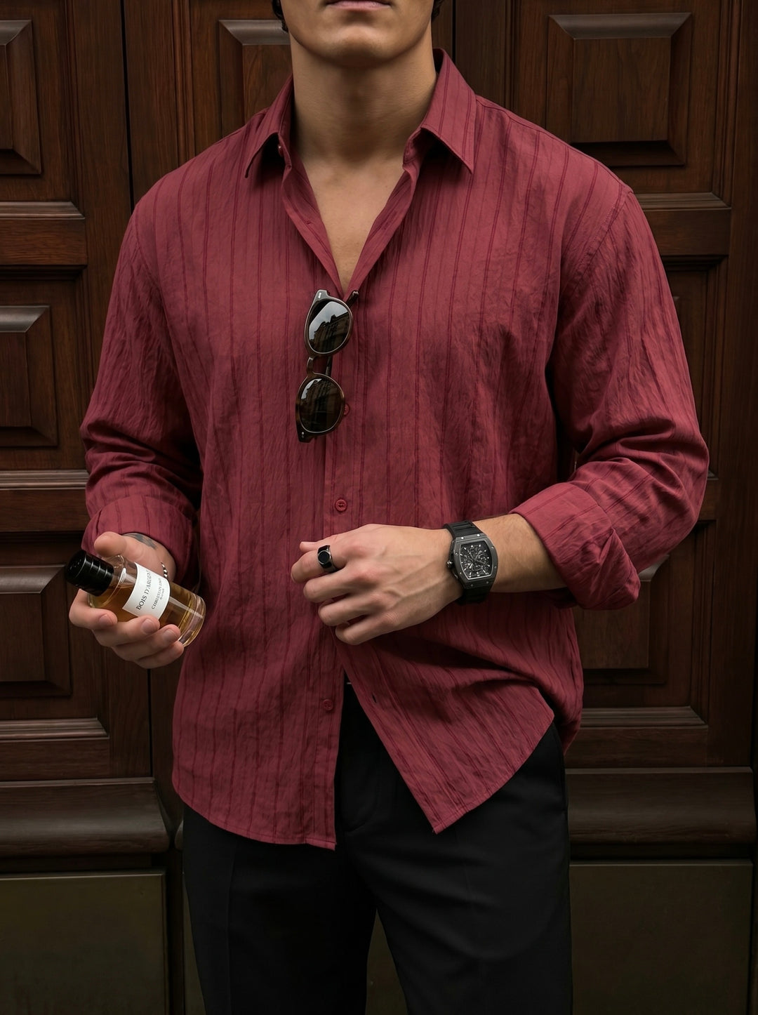 Regular Fit Striped Line Shirt - Bordeaux
