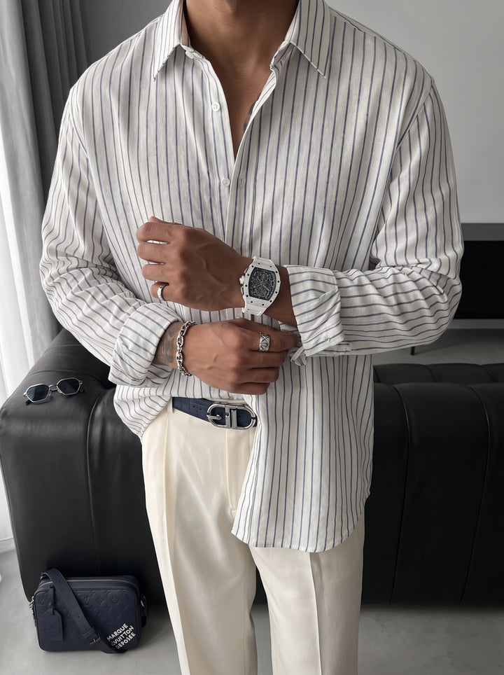 Oversize Cotton Thin Striped Shirt - White