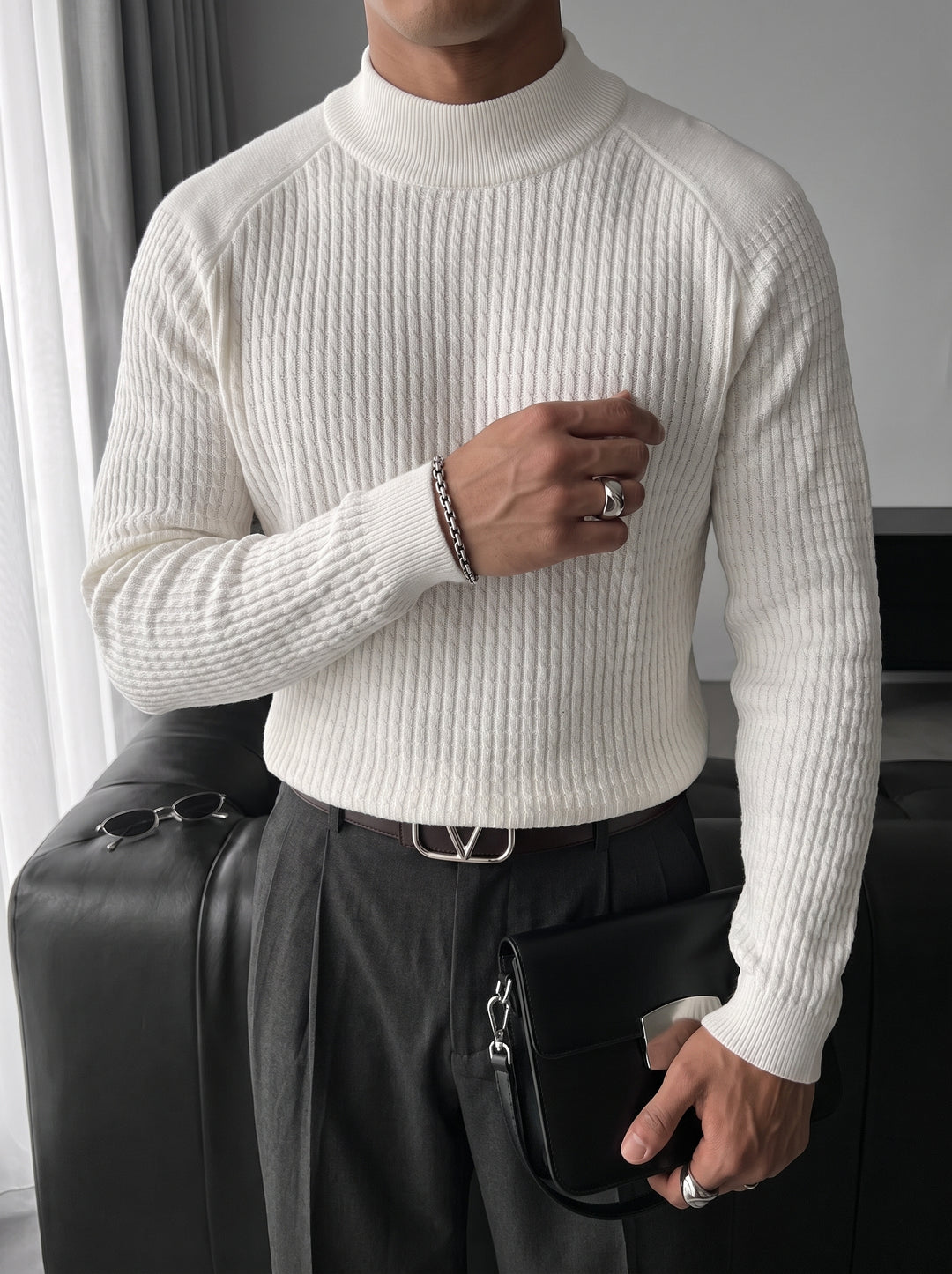 Slim Fit Mock Neck Knit Sweater - Ecru