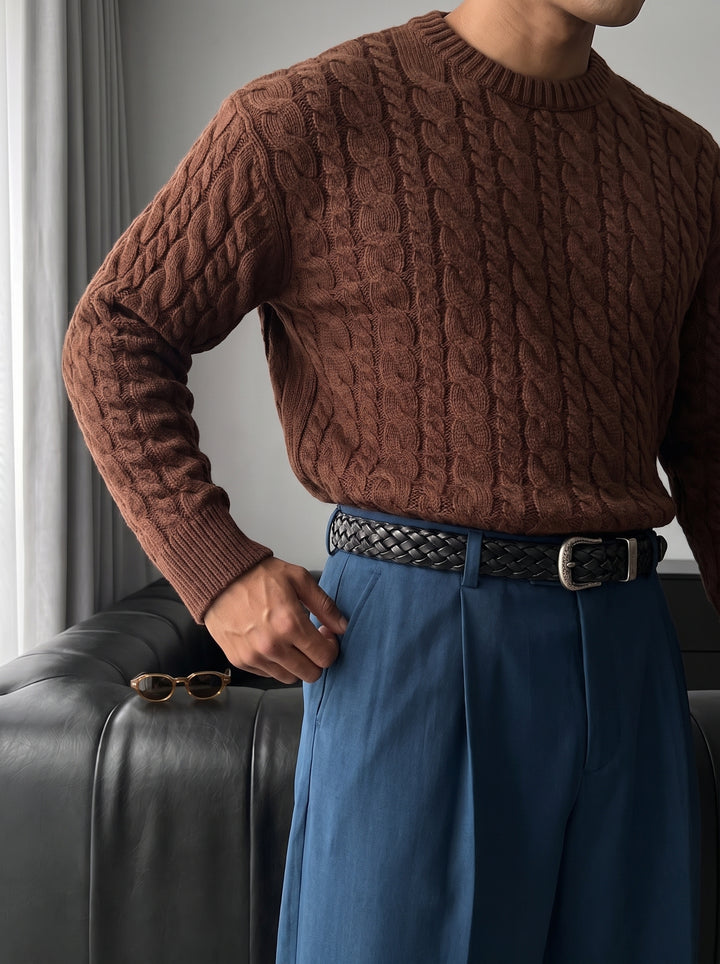 Oversize Knit Braid Sweater - Dark Brown
