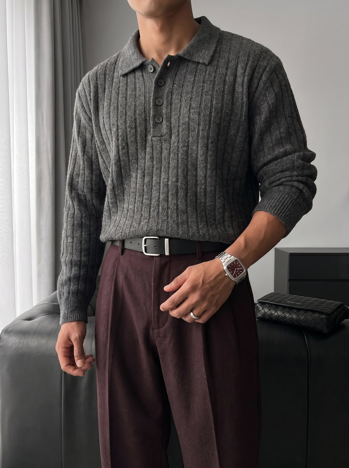 Loose Fit Polo Knit Pullover - Anthracite