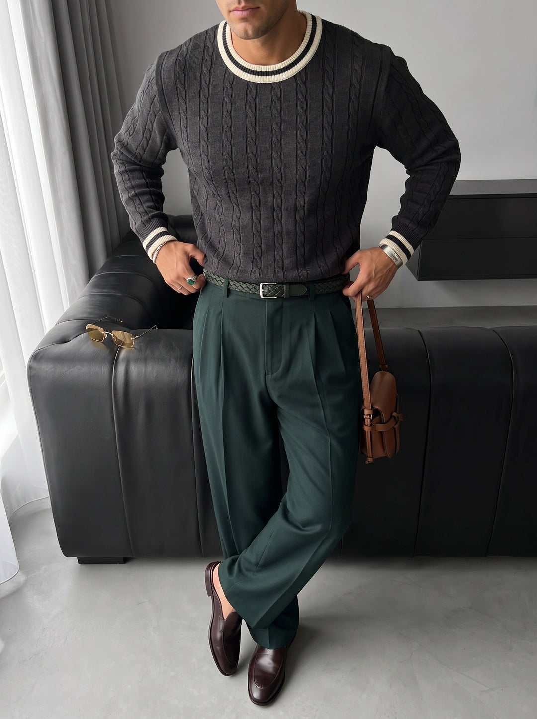 Regular Fit Braid Knit Sweater - Anthracite