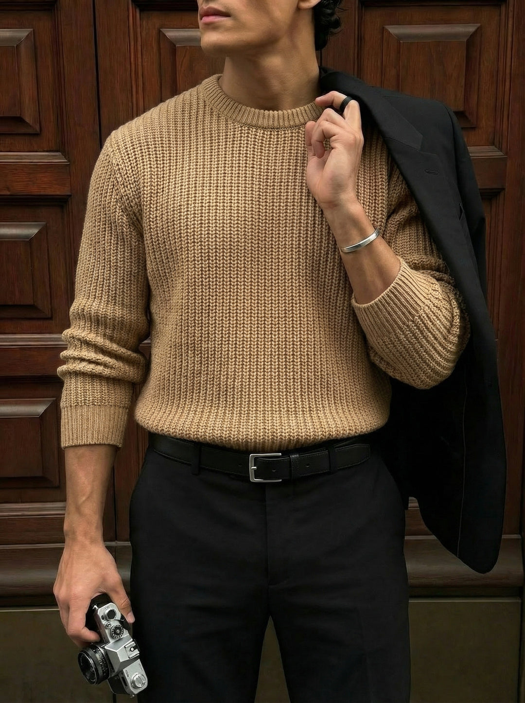 Oversize Structured Knit Sweater - Brown