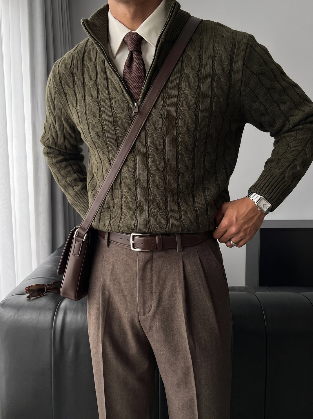 Oversize Collar Braid Pullover - Khaki