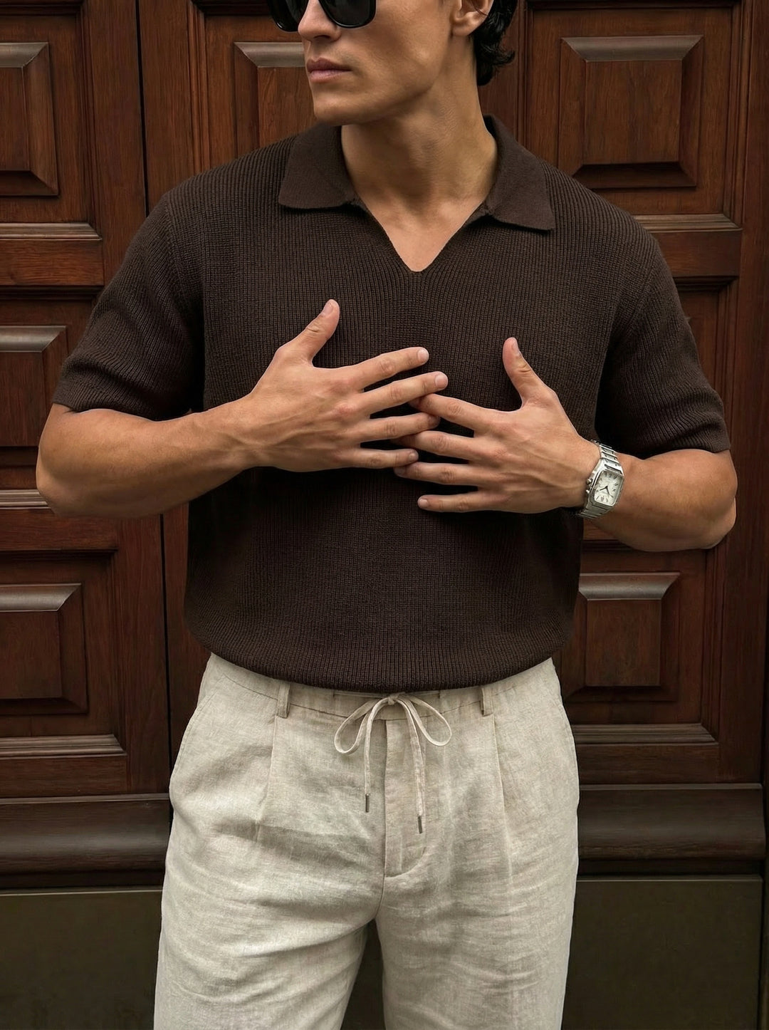 Loose fit fine knit collar T-Shirt - Dark Brown
