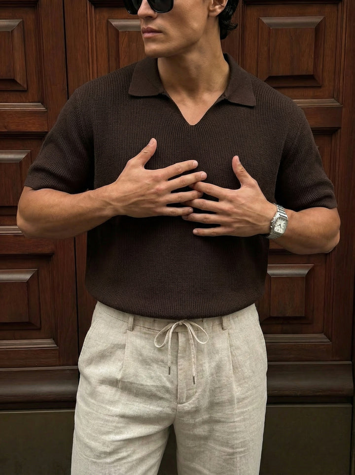 Loose fit fine knit collar T-Shirt - Dark Brown