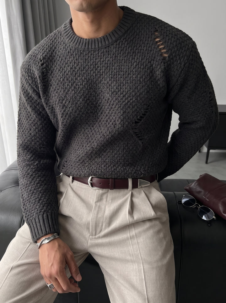 Regular Fit Textured Torn Sweater - Anthracite