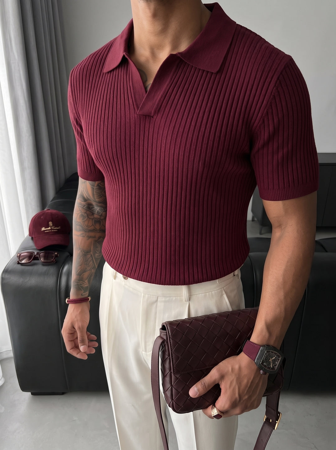Slim Fit Knit Polo T-Shirt - Plum