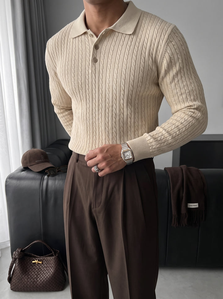 Slim Fit Textured Polo Knit Sweater - Beige