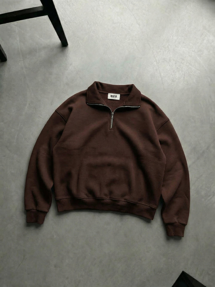 Oversize Half-Zip Polo Sweatshirt - Chocolate Brown