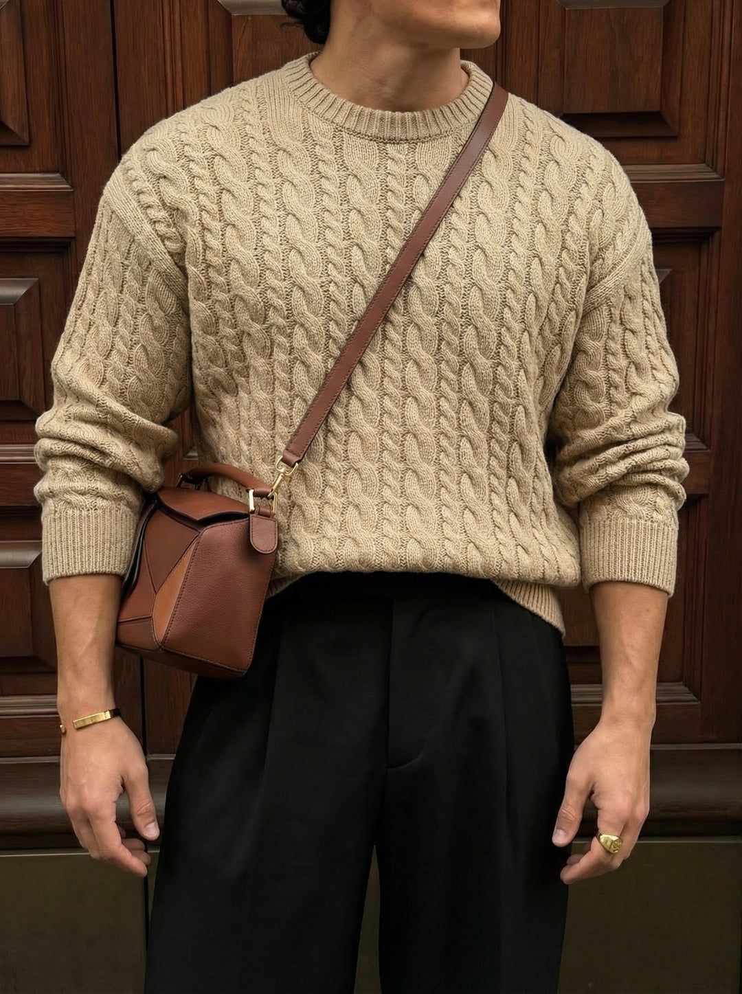 Oversize Knit Braid Sweater - Beige