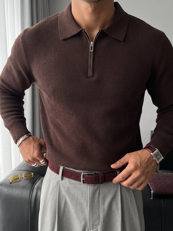 Loose Fit Polo Knit Sweater - Dark Brown