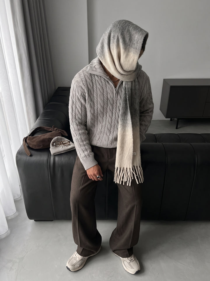 Oversize Collar Braid Zipper Pullover - Grey