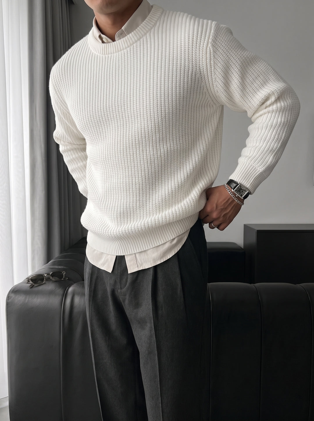 Oversize Structured Knit Sweater - Bright White