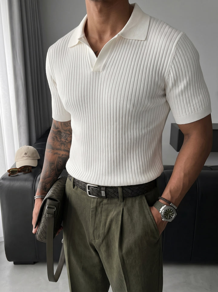 Slim Fit Knit Polo T-Shirt - White