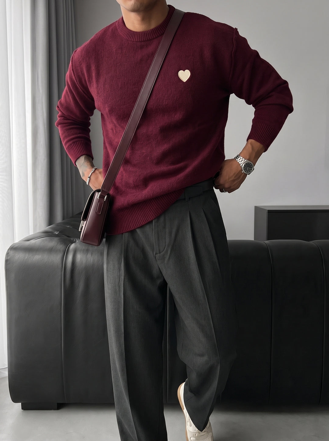 Loose Fit Heart Detail Sweater - Plum