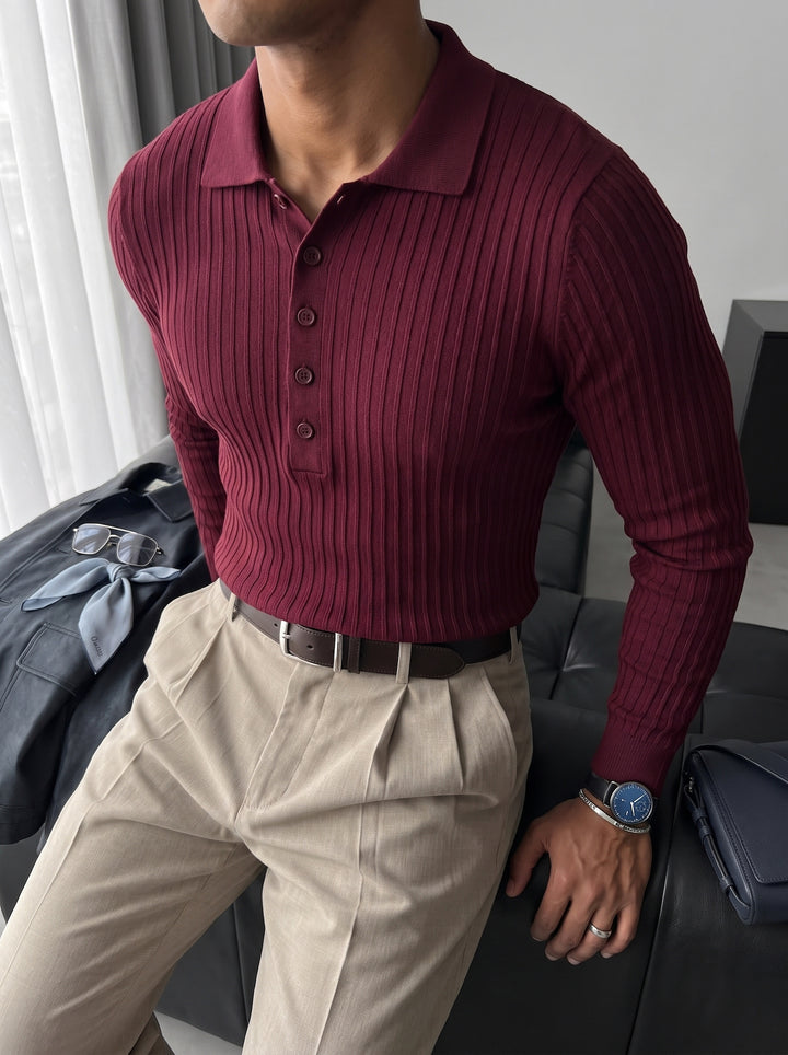 Slim Fit Polo Knit Sweater - Plum