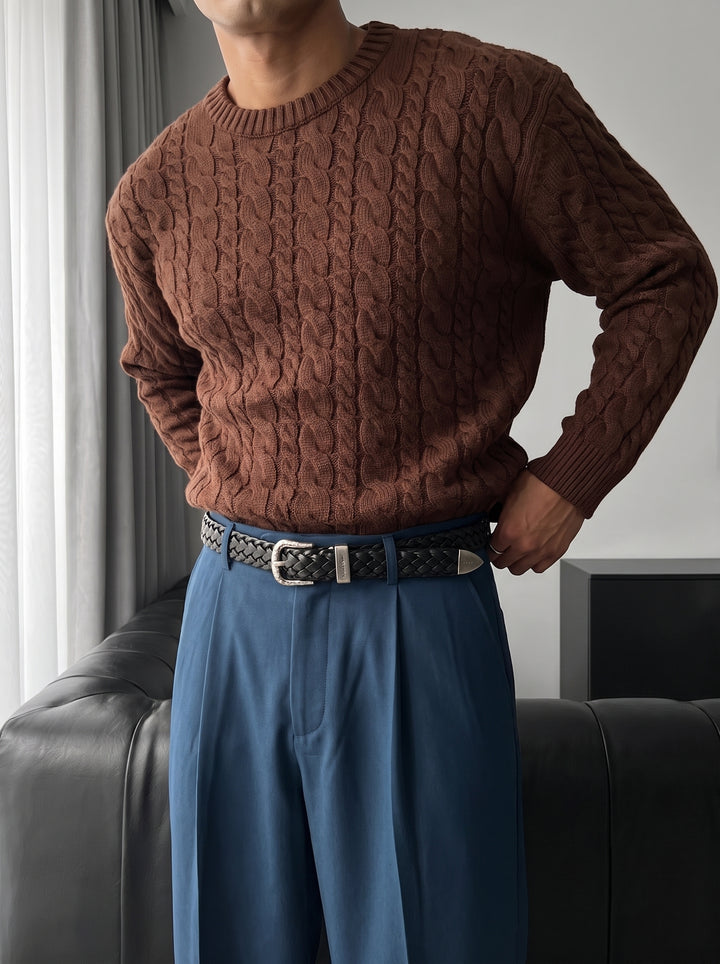 Oversize Knit Braid Sweater - Dark Brown