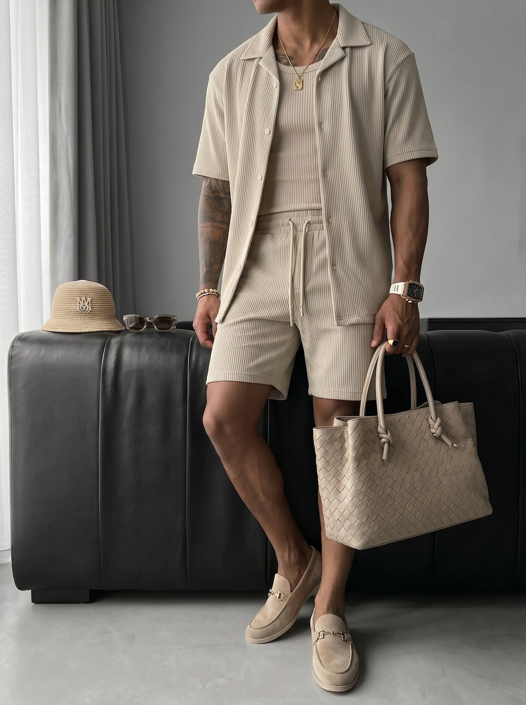 Loose Fit Cord Shorts - Beige