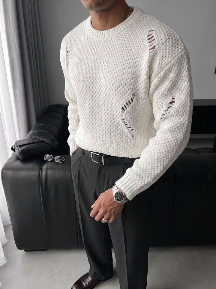 Regular Fit Textured Torn Sweater - White