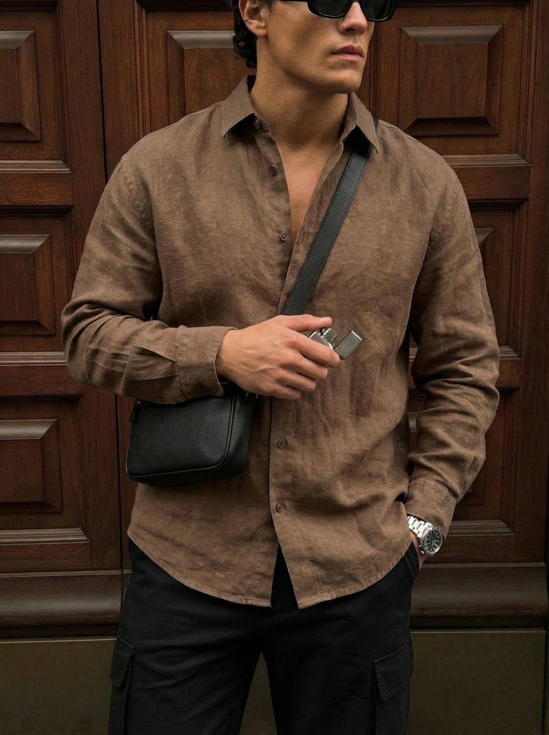 Regular Fit Long Arm Linen Shirt - Brown