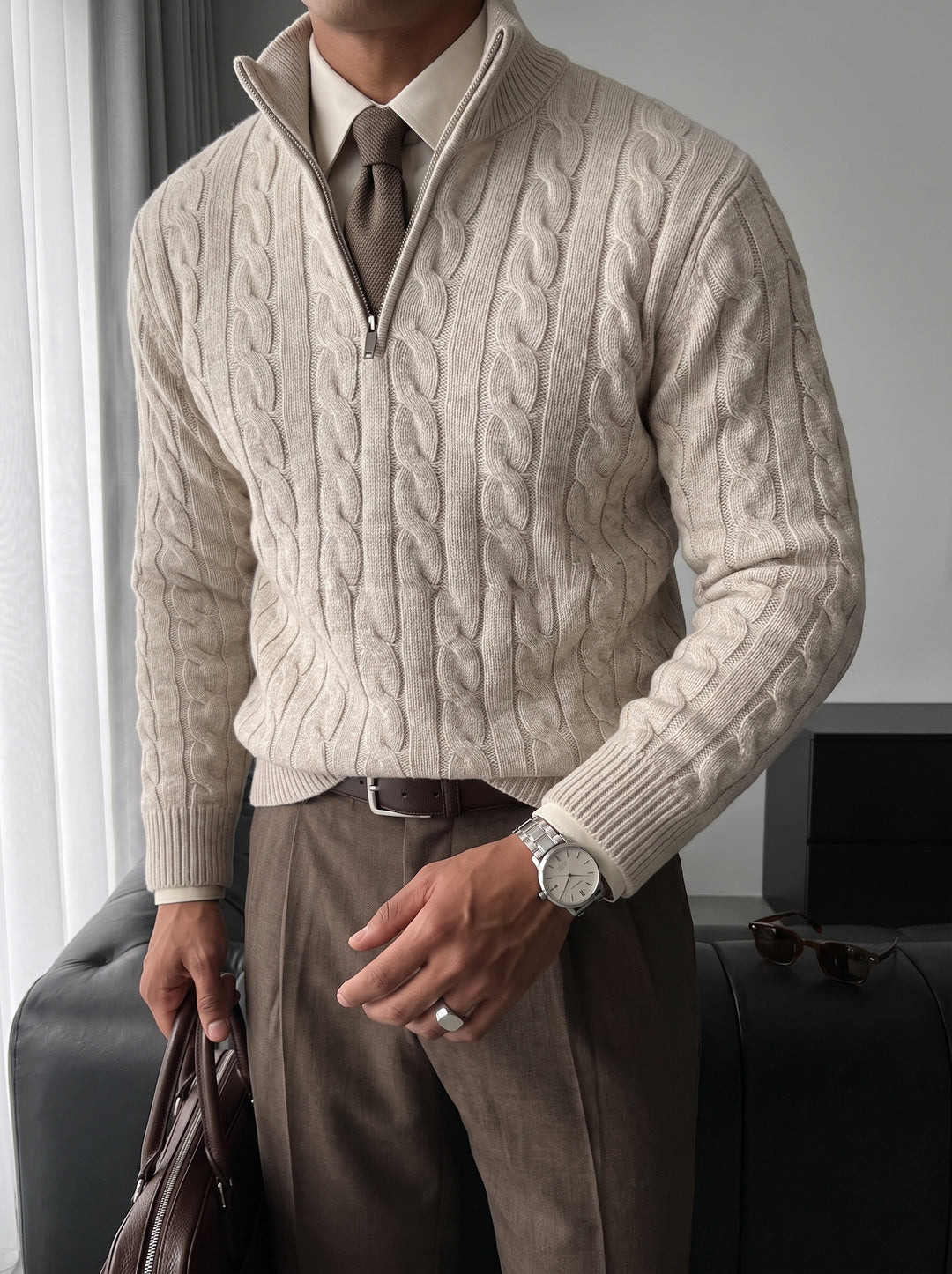 Oversize Collar Braid Pullover - Beige