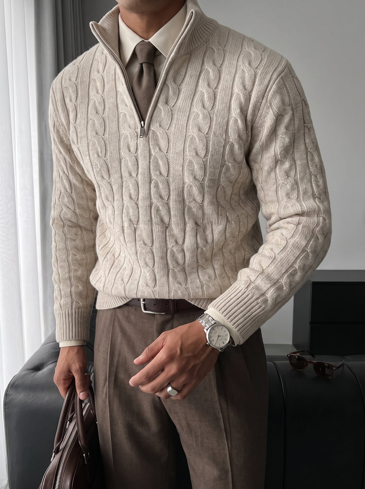 Oversize Collar Braid Pullover - Beige