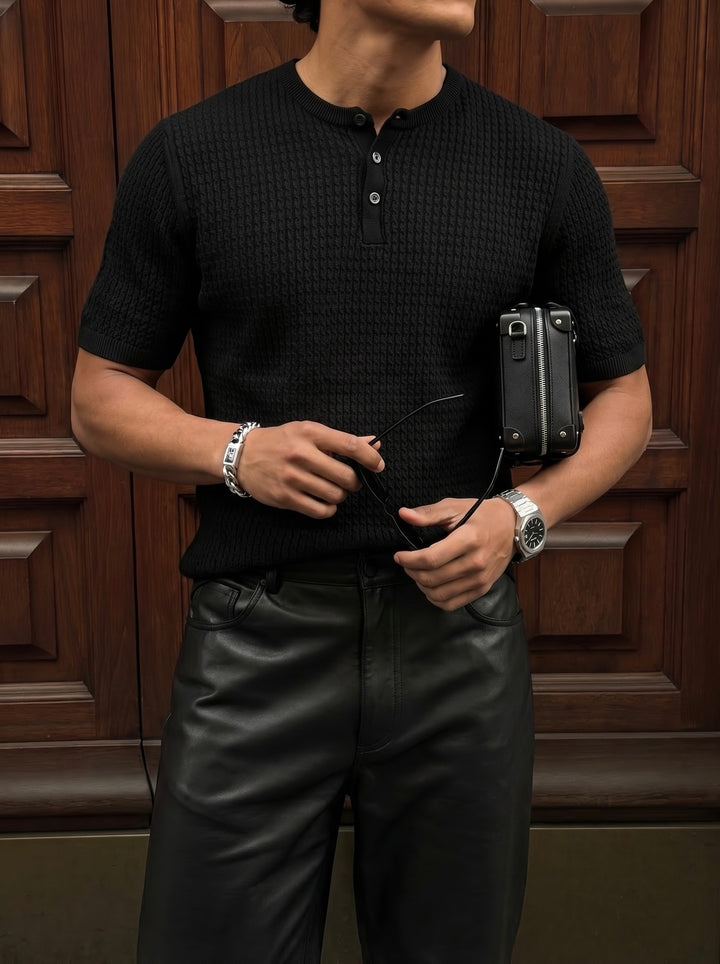 Regular Fit Waffle Button T-shirt - Black