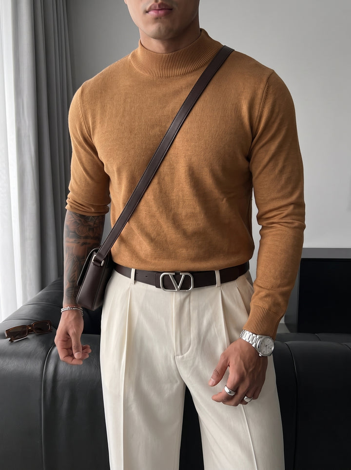 Loose Fit Half Neck Pullover - Camel