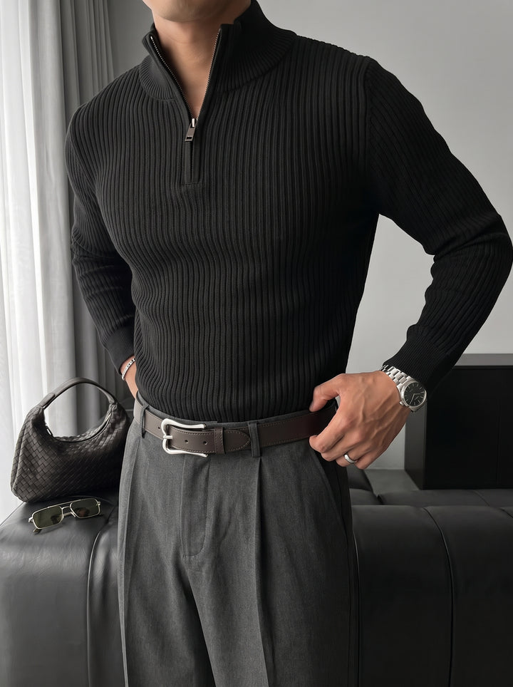 Slim Fit Half Zip Textured Sweater - Black