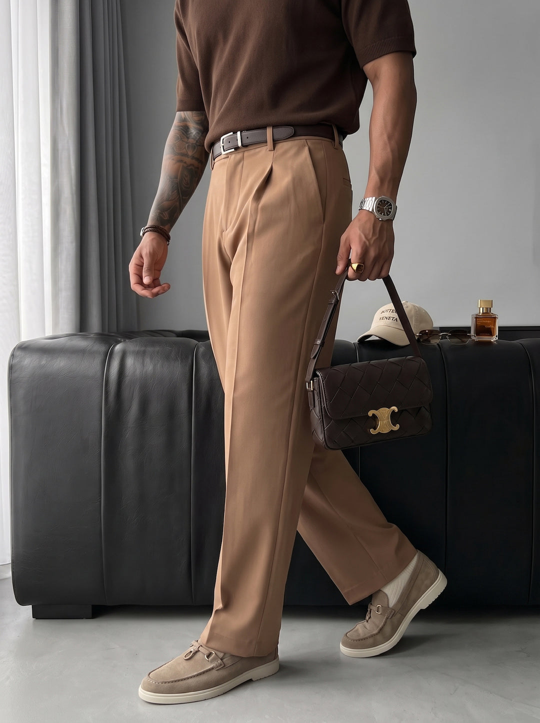 Loose Fit Pleated Trousers - Camel