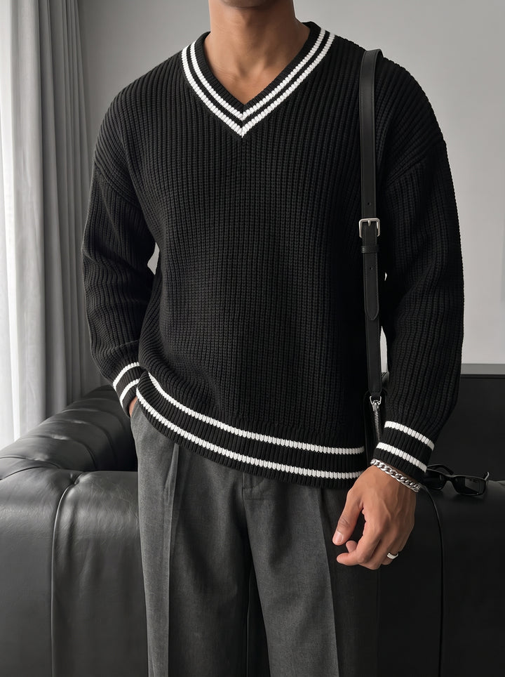 Oversize V Neckline Knit Pullover  - Black