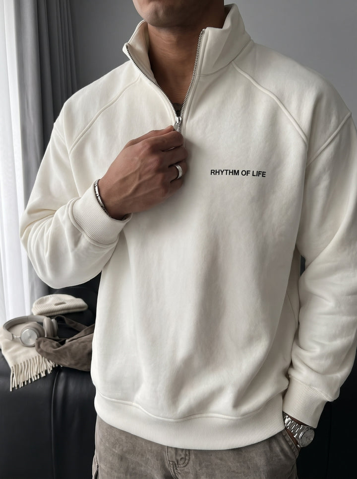 Oversize Half-Zip Motto Sweatshirt - Ecru