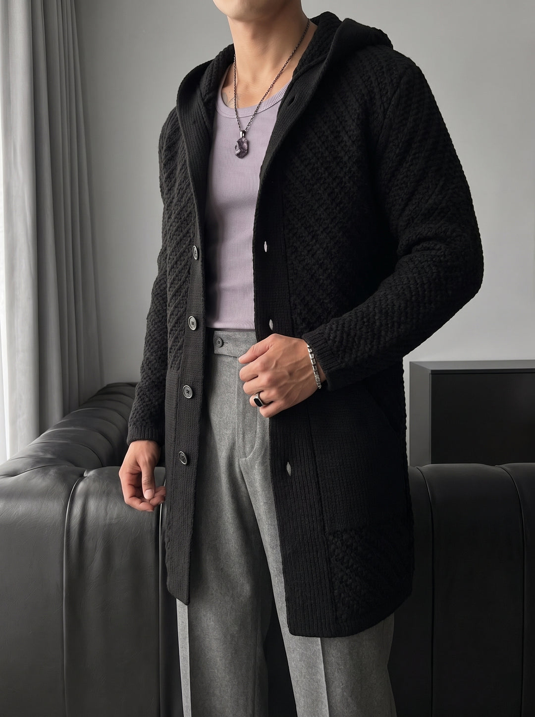 Loose Fit Button Textured Cardigan - Black