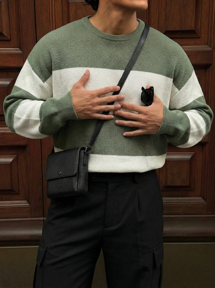 Loose Fit Strip Knit Sweater - Green