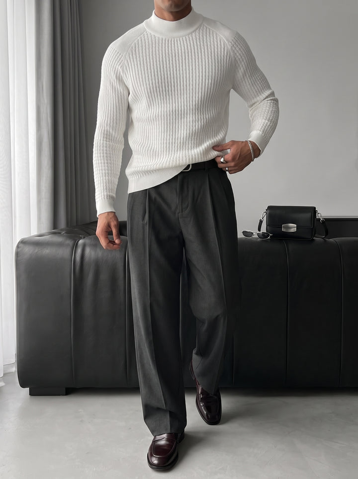 Slim Fit Mock Neck Knit Sweater - Ecru