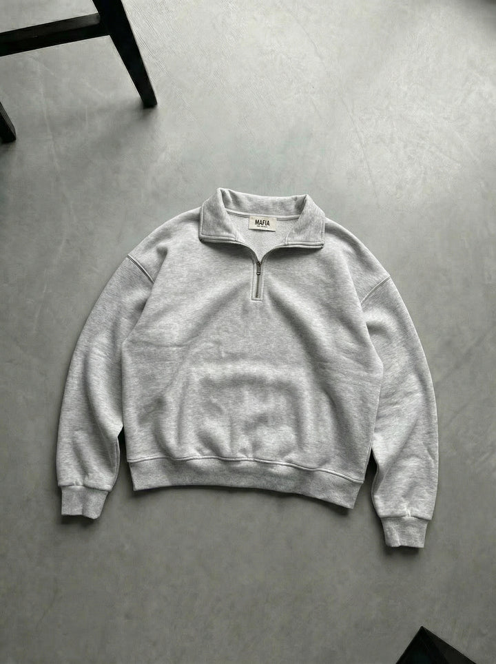 Oversize Half-Zip Polo Sweatshirt - Light Grey Melange