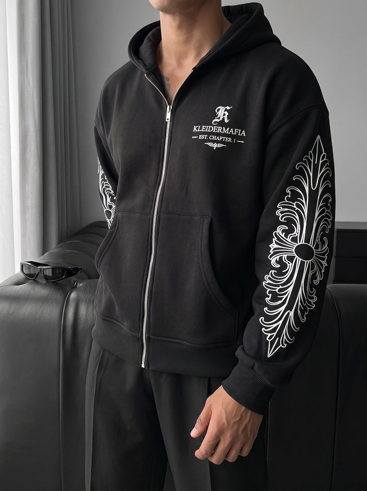 Oversize Motif Zipper Hoodie - Black