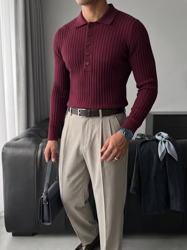 Slim Fit Polo Knit Sweater - Plum