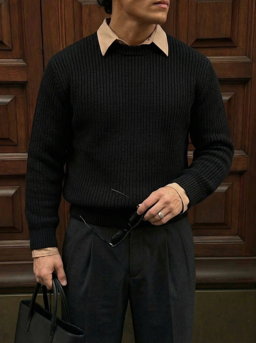 Oversize Structured Knit Sweater - Black