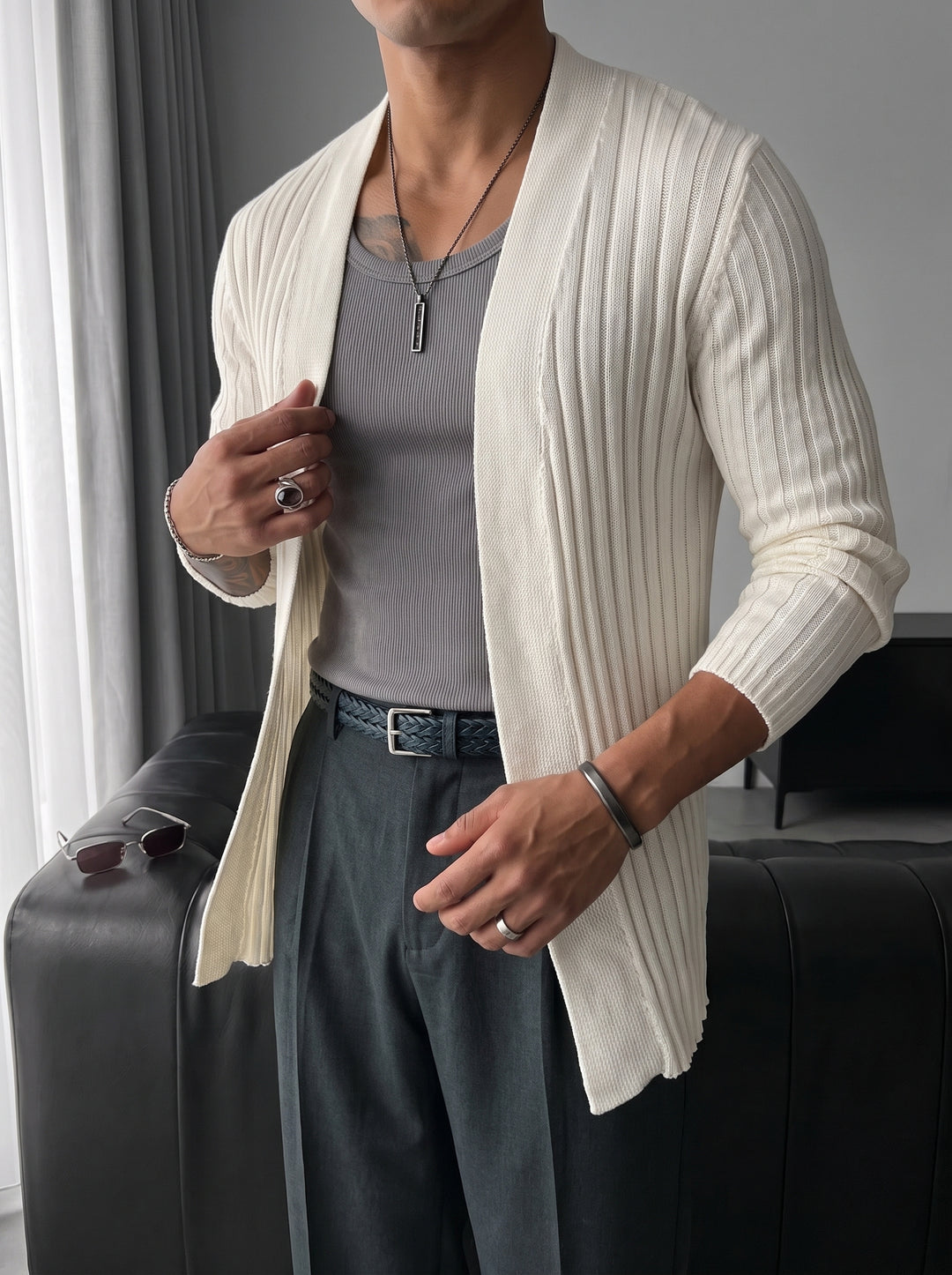 Slim Fit Knit Cardigan - White