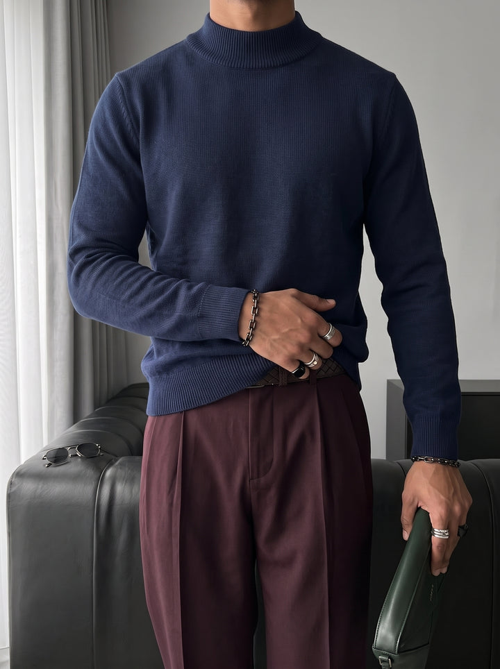 Loose Fit Half Neck Pullover - Navy Blue