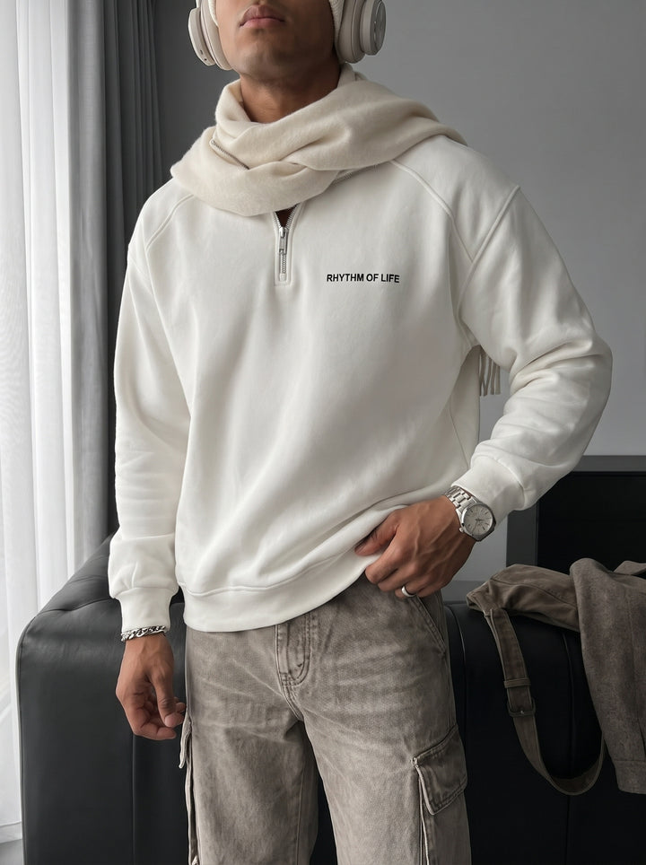 Oversize Half-Zip Motto Sweatshirt - Ecru
