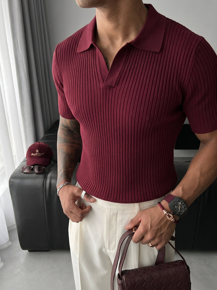 Slim Fit Knit Polo T-Shirt - Plum