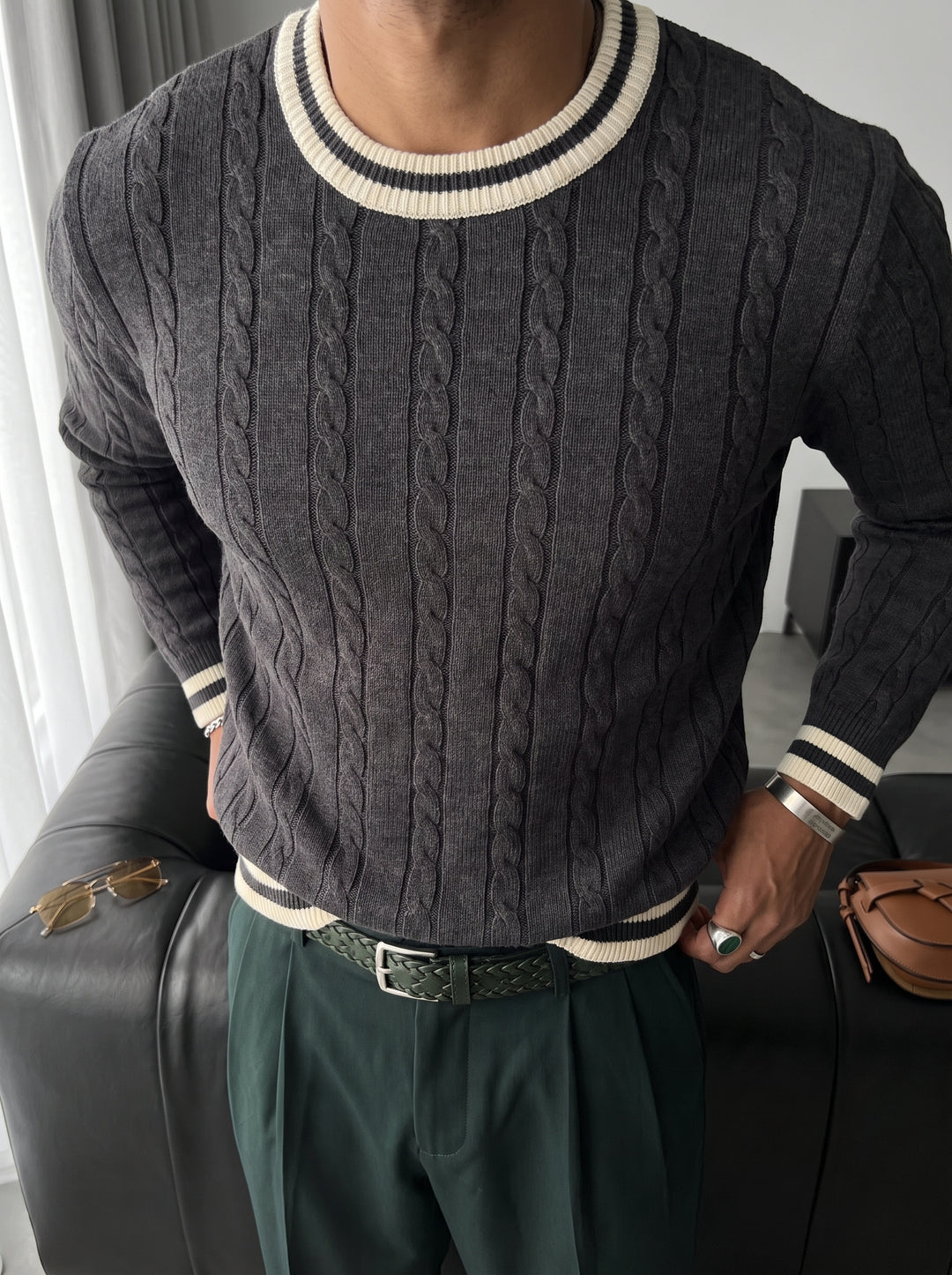Regular Fit Braid Knit Sweater - Anthracite