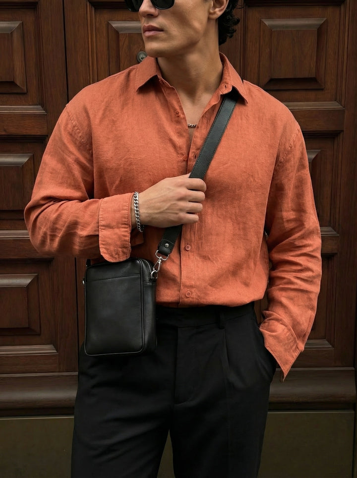 Regular Fit Long Arm Linen Shirt - Terracotta