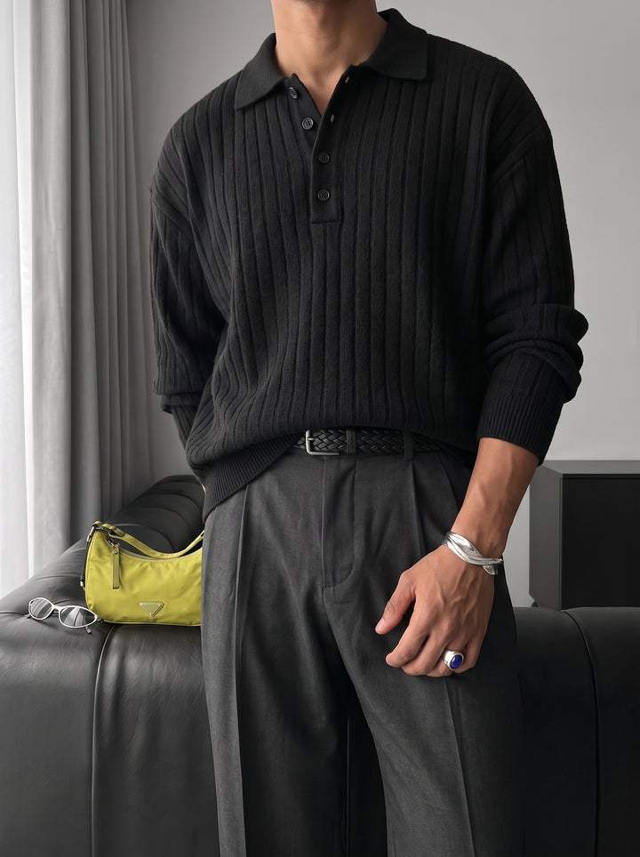 Loose Fit Polo Knit Pullover - Black