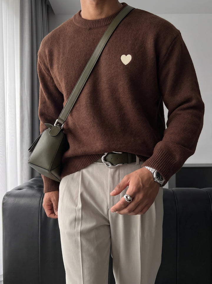 Loose Fit Heart Detail Sweater - Brown