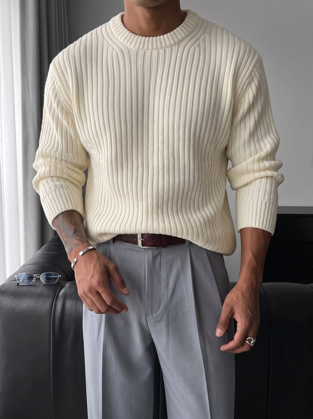 Loose Fit Striped Structure Pullover - Ecru